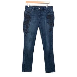 White House Black Market Slim Leg Size 8 Blue Floral Embroidered Denim Jeans